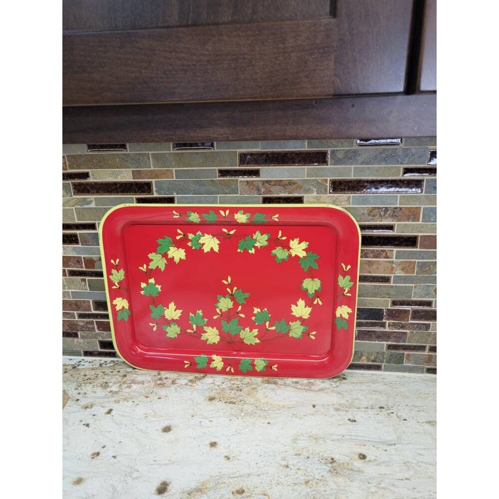Vintage Serving Tray, Red Metal Lap, Maple Autumn Leaf, Fall Decor